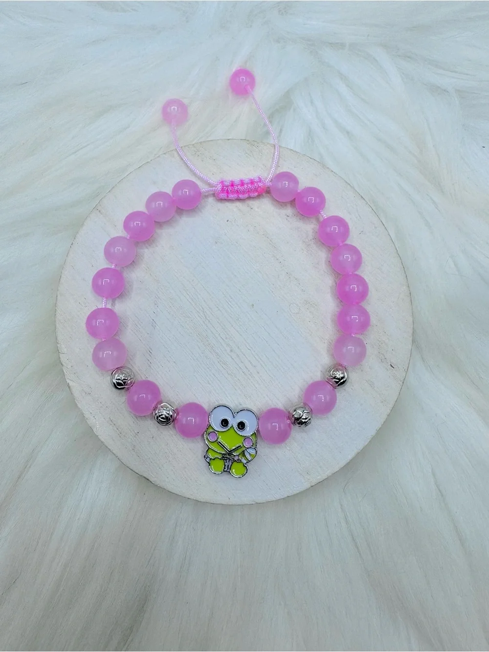 Cute Pink Adjustable Beaded Keroppi Charm Bracelet